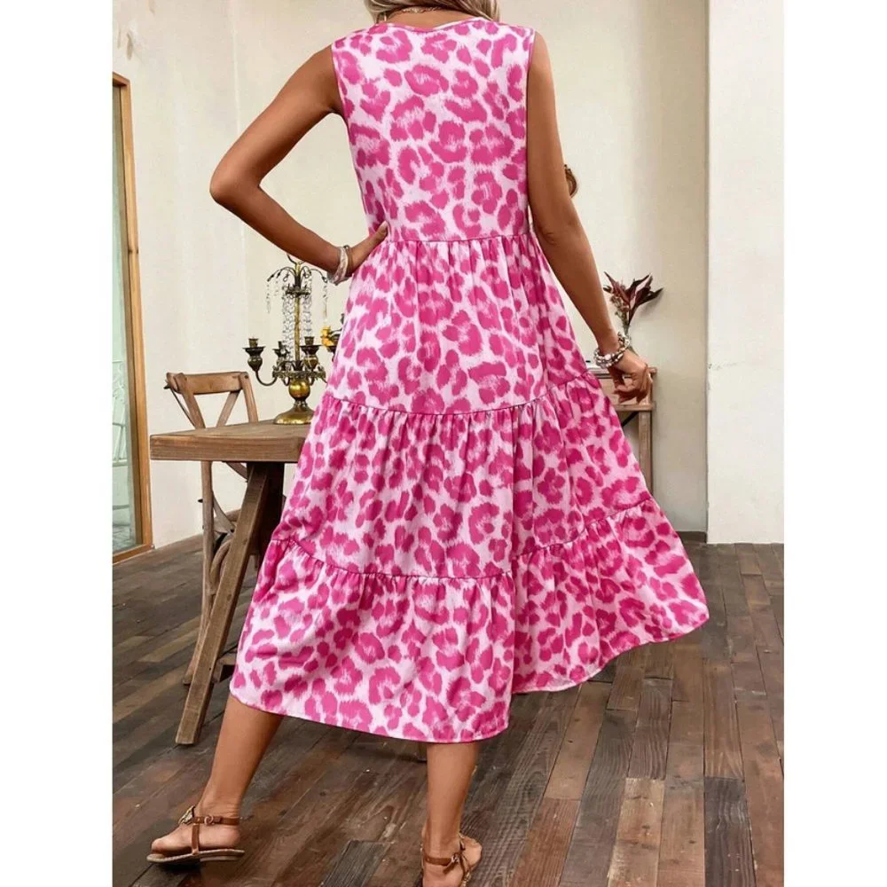 Pink Boho Womens Leopard Print Ruffle Hem Smock Dress - Picture 7 of 7